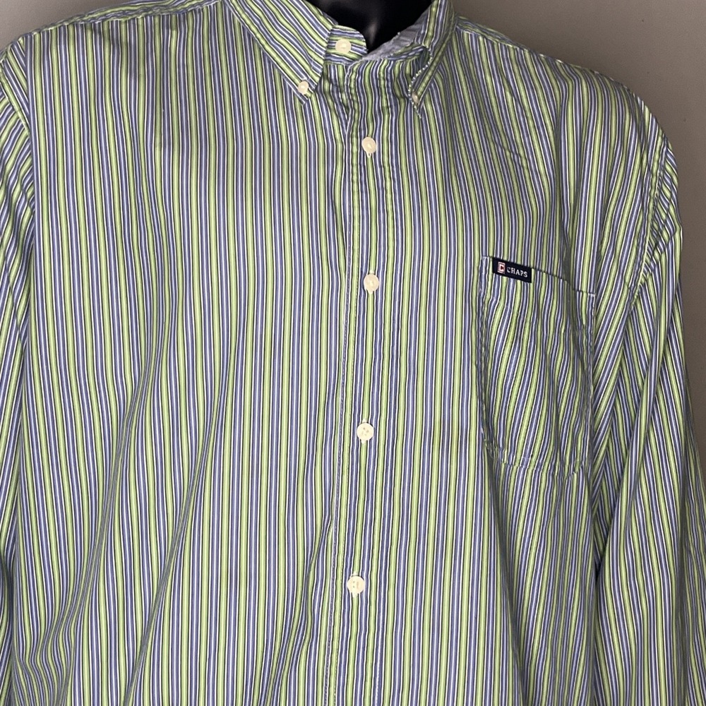 Chaps Men's XXL Easy Care Striped Button Down Shirt Long Sleeve Blue Green White - Picture 2 of 6